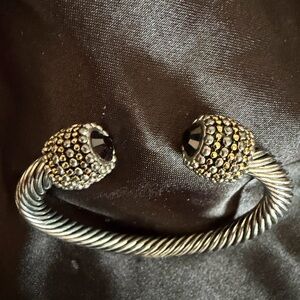 Silver-Tone Twisted Open Cuff Bracelet with Black Crystal End Caps